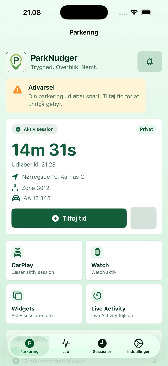 Parking Nudger viser en aktiv parkeringssession